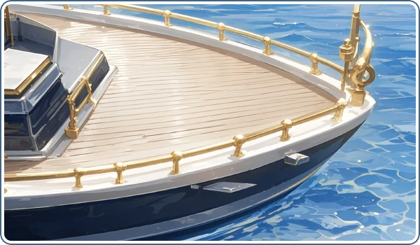 The wooden foredeck and gold railings of an upgraded boat on blue water