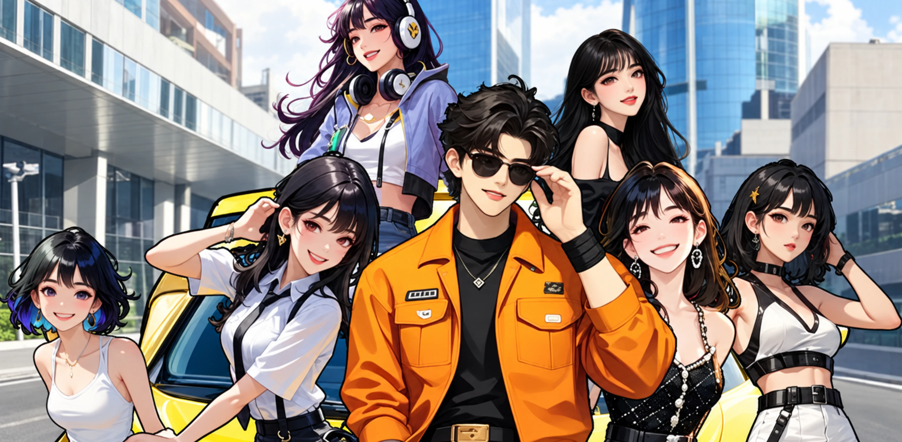 The angler and the cast of Fishing Life: Love & Fortune in front of a yellow sports car