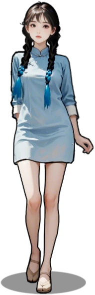 A secretary in a light blue dress