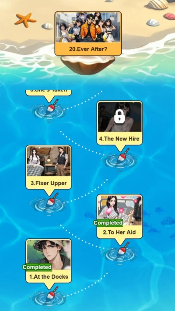 The chapter map, with At the Docks, To Her Aid, Fixer Upper and The New Hire marked by floats