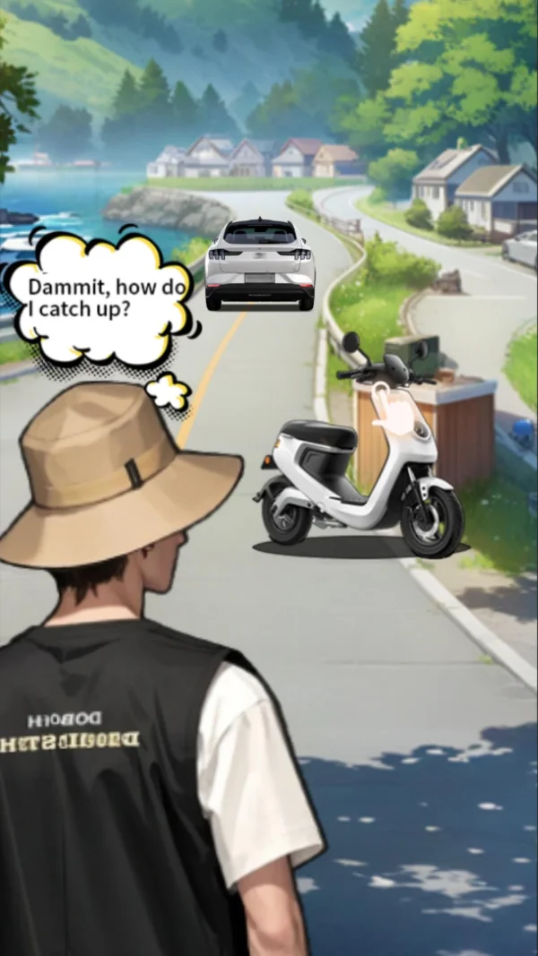 The angler on foot watches a car pull away along a coastal road