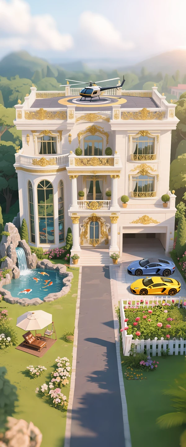 Game artwork of a luxury villa with a garden, sports cars, and a rooftop helicopter