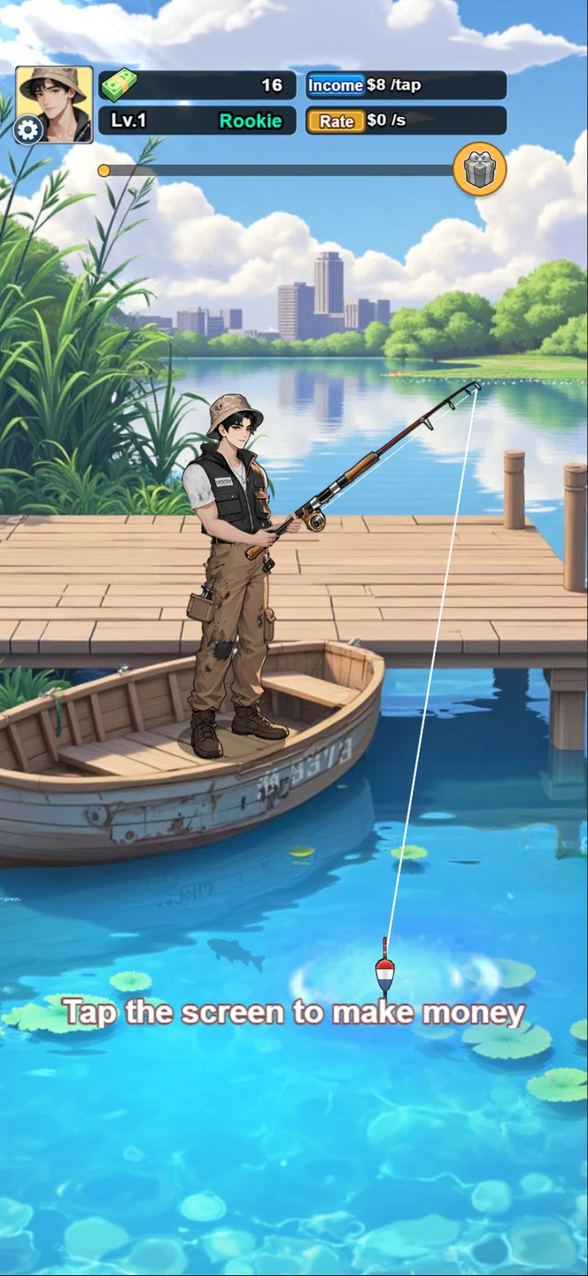 The level-one angler fishing from a wooden boat