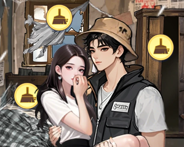 A fisherman and a young woman in a worn home, with cleaning tasks waiting around them