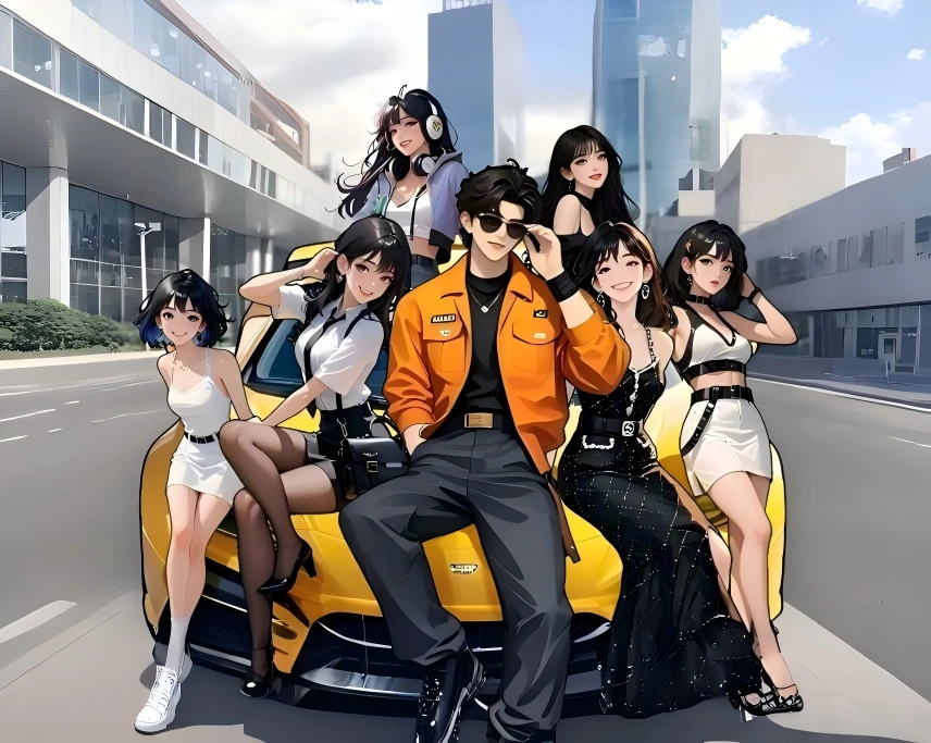 A successful young man and his companions pose beside a yellow sports car on a city street