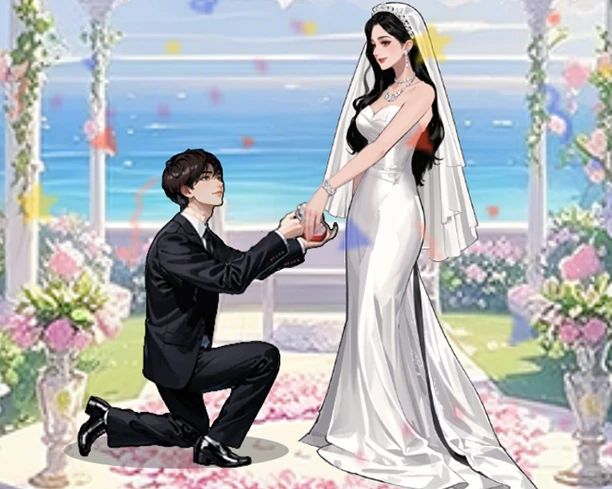 A man kneels before a woman in a bridal dress at a flower-covered seaside ceremony